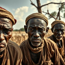 A close-up view of white individuals depicted as slaves on an old Georgian plantation, their faces displaying emotions of hardship and resilience