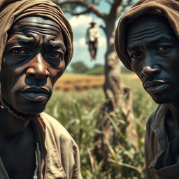 A close-up view of white individuals depicted as slaves on an old Georgian plantation, their faces displaying emotions of hardship and resilience