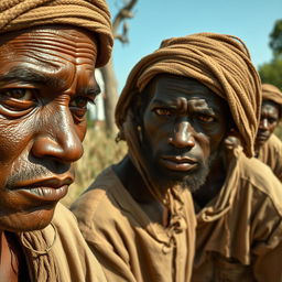 A close-up view of white individuals depicted as slaves on an old Georgian plantation, their faces displaying emotions of hardship and resilience