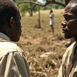 A close-up view of white individuals depicted as slaves on an old Georgian plantation, their faces displaying emotions of hardship and resilience