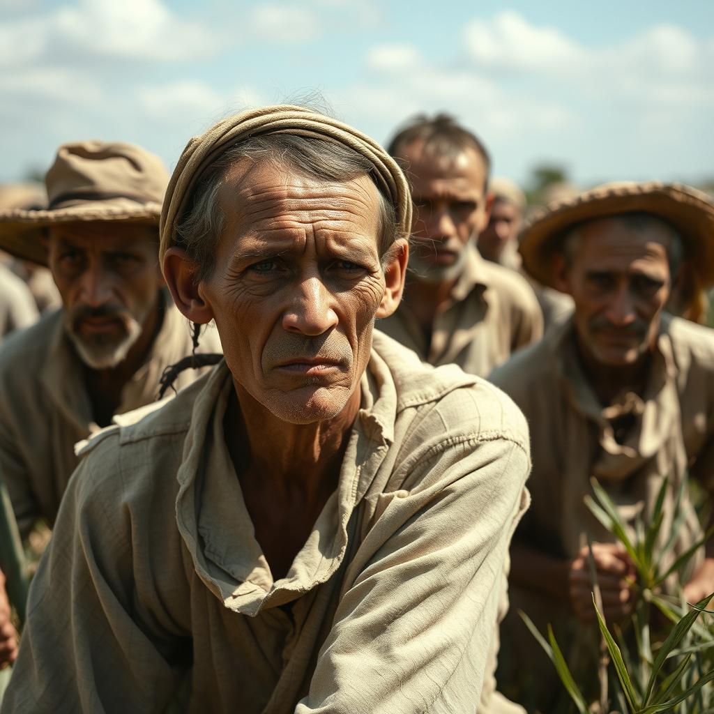 A close-up depiction of white individuals in historical slave-like settings, dressed in tattered 19th-century attire, working laboriously in fields under a harsh sun, faces marked by fatigue and perseverance