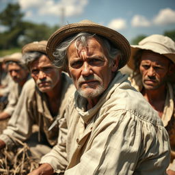 A close-up depiction of white individuals in historical slave-like settings, dressed in tattered 19th-century attire, working laboriously in fields under a harsh sun, faces marked by fatigue and perseverance