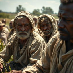 A close-up depiction of white individuals in historical slave-like settings, dressed in tattered 19th-century attire, working laboriously in fields under a harsh sun, faces marked by fatigue and perseverance