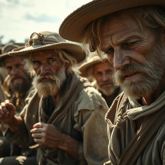 A close-up depiction of white individuals in historical slave-like settings, dressed in tattered 19th-century attire, working laboriously in fields under a harsh sun, faces marked by fatigue and perseverance