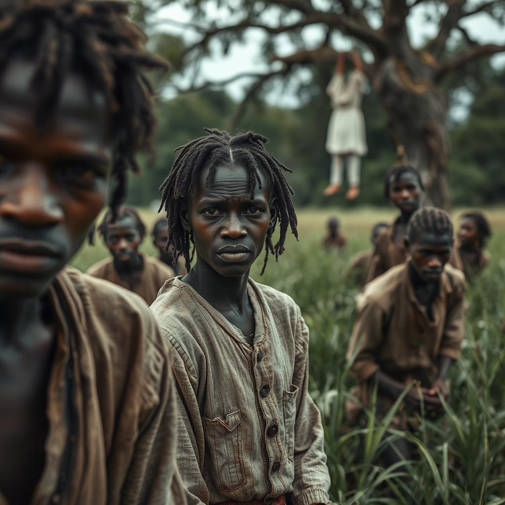 A gripping scene on an old Georgian plantation depicting white individuals as slaves, dressed in tattered 19th-century attire