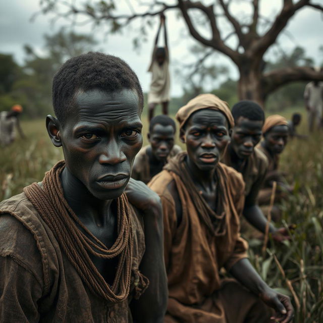 A gripping scene on an old Georgian plantation depicting white individuals as slaves, dressed in tattered 19th-century attire