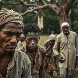 A gripping scene on an old Georgian plantation depicting white individuals as slaves, dressed in tattered 19th-century attire