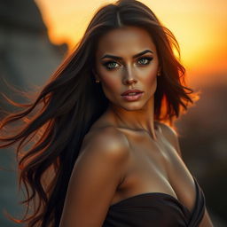 A stunning, captivating woman with an alluring glance, long flowing hair, full lips, and a confident pose