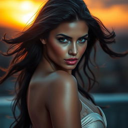 A stunning, captivating woman with an alluring glance, long flowing hair, full lips, and a confident pose