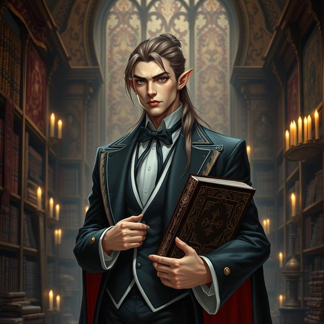 A sophisticated high elf man with an elegant appearance, featuring long brown-gray hair tied in a tail with striking black tips