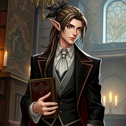 A sophisticated high elf man with an elegant appearance, featuring long brown-gray hair tied in a tail with striking black tips