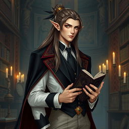 A sophisticated high elf man with an elegant appearance, featuring long brown-gray hair tied in a tail with striking black tips