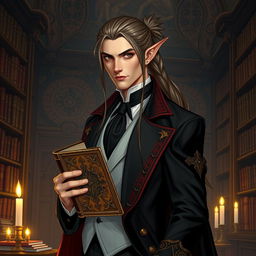 A sophisticated high elf man with an elegant appearance, featuring long brown-gray hair tied in a tail with striking black tips