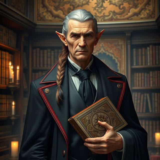 An elegant older high elf man with a refined appearance, featuring long brown-gray hair tied in a tail with black tips