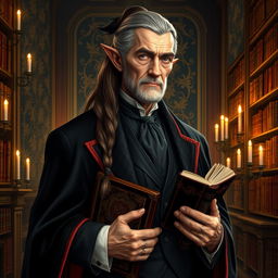 An elegant older high elf man with a refined appearance, featuring long brown-gray hair tied in a tail with black tips