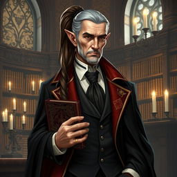 An elegant older high elf man with a refined appearance, featuring long brown-gray hair tied in a tail with black tips