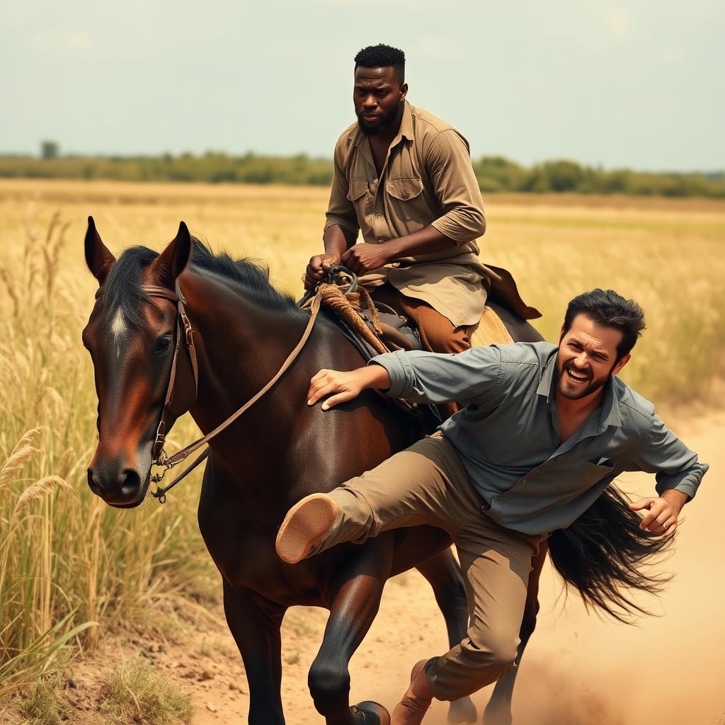 A striking scene featuring a black man on horseback, confidently guiding the horse with a firm grip on the reins