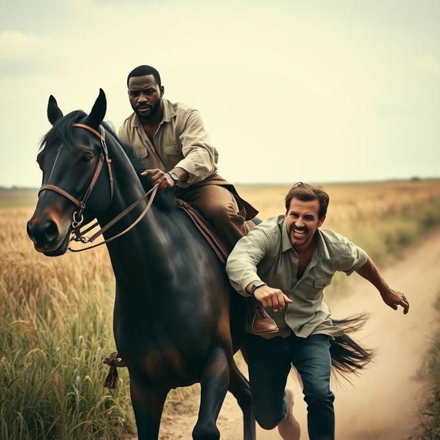 A striking scene featuring a black man on horseback, confidently guiding the horse with a firm grip on the reins