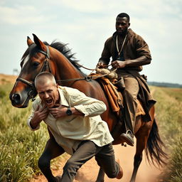 A striking scene featuring a black man on horseback, confidently guiding the horse with a firm grip on the reins