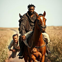 A striking scene featuring a black man on horseback, confidently guiding the horse with a firm grip on the reins