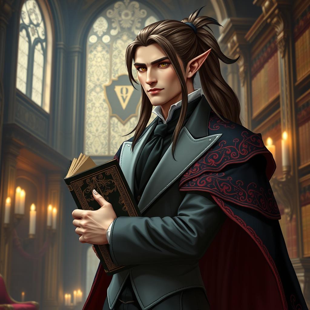 A distinguished high elf man in his 30s, exuding elegance and refinement