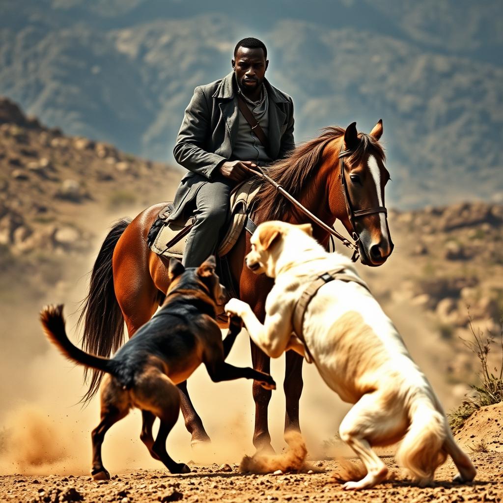 A dramatic scene featuring a black man sitting commandingly on a horse, exuding confidence and authority