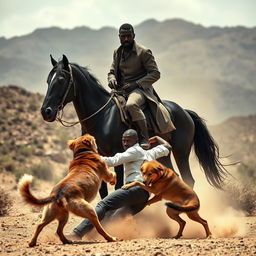 A dramatic scene featuring a black man sitting commandingly on a horse, exuding confidence and authority