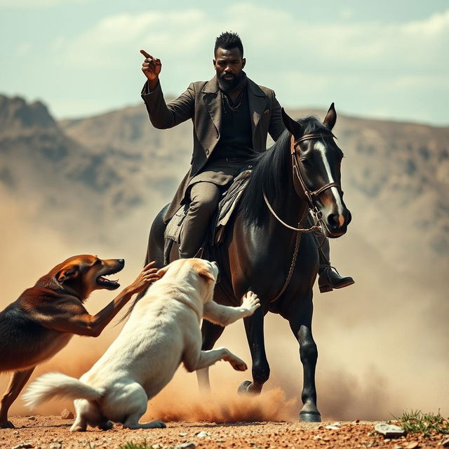 A dramatic scene featuring a black man sitting commandingly on a horse, exuding confidence and authority