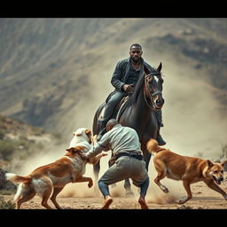 A dramatic scene featuring a black man sitting commandingly on a horse, exuding confidence and authority