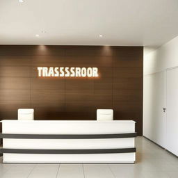 Entrance view of an office with a receptionist desk, a painting above it, a panelled wall to the right presenting a backlit Transcorp logo, and three single arm chairs.