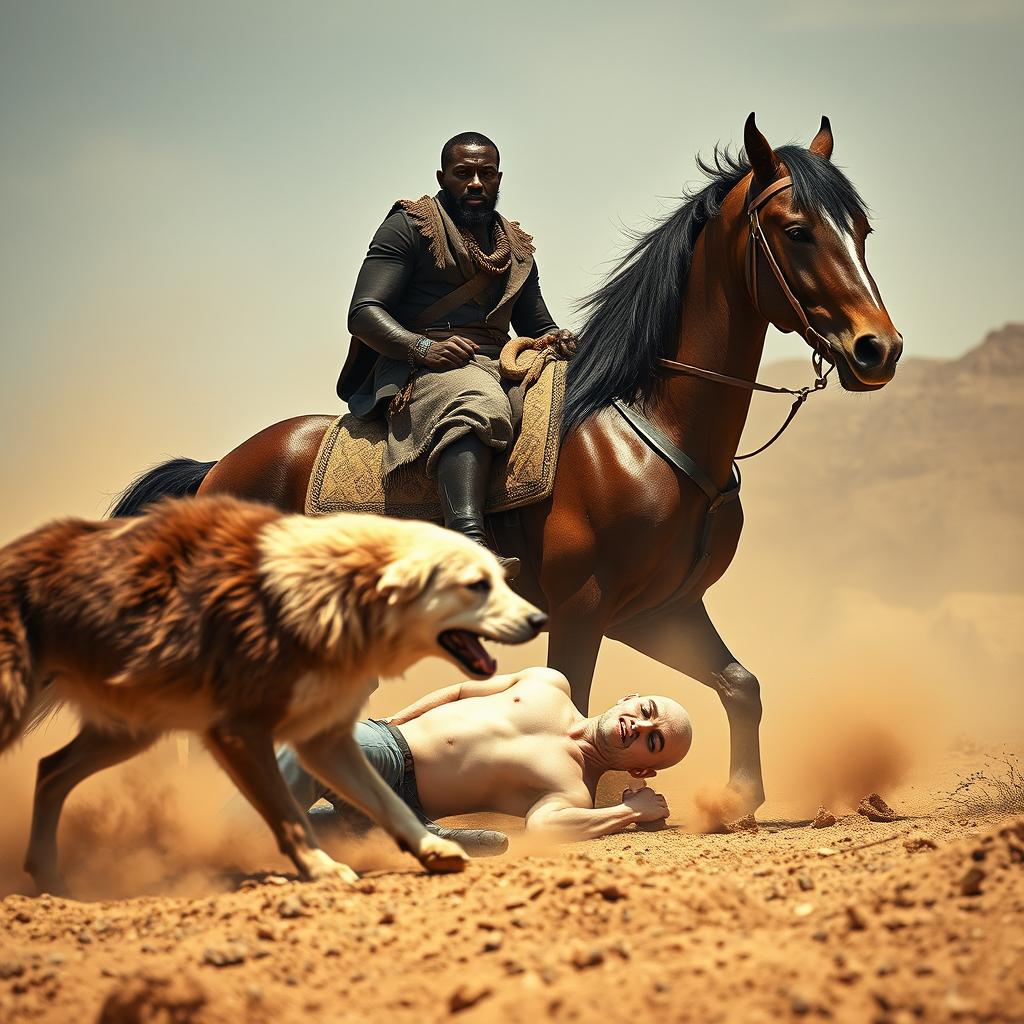 A dynamic scene with a black man sitting authoritatively on a majestic horse, exuding strength and command