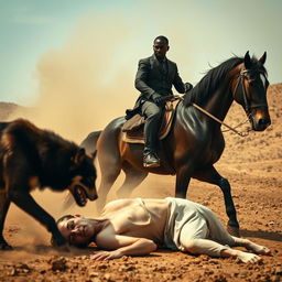 A dynamic scene with a black man sitting authoritatively on a majestic horse, exuding strength and command