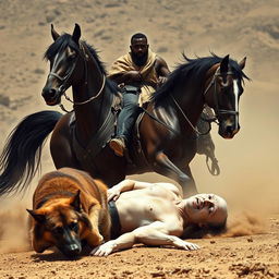 A dynamic scene with a black man sitting authoritatively on a majestic horse, exuding strength and command