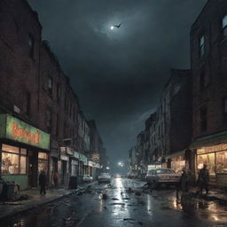 A frightening comic book cover with eerie animated creatures lurking in desolate urban setting under a stormy night sky.