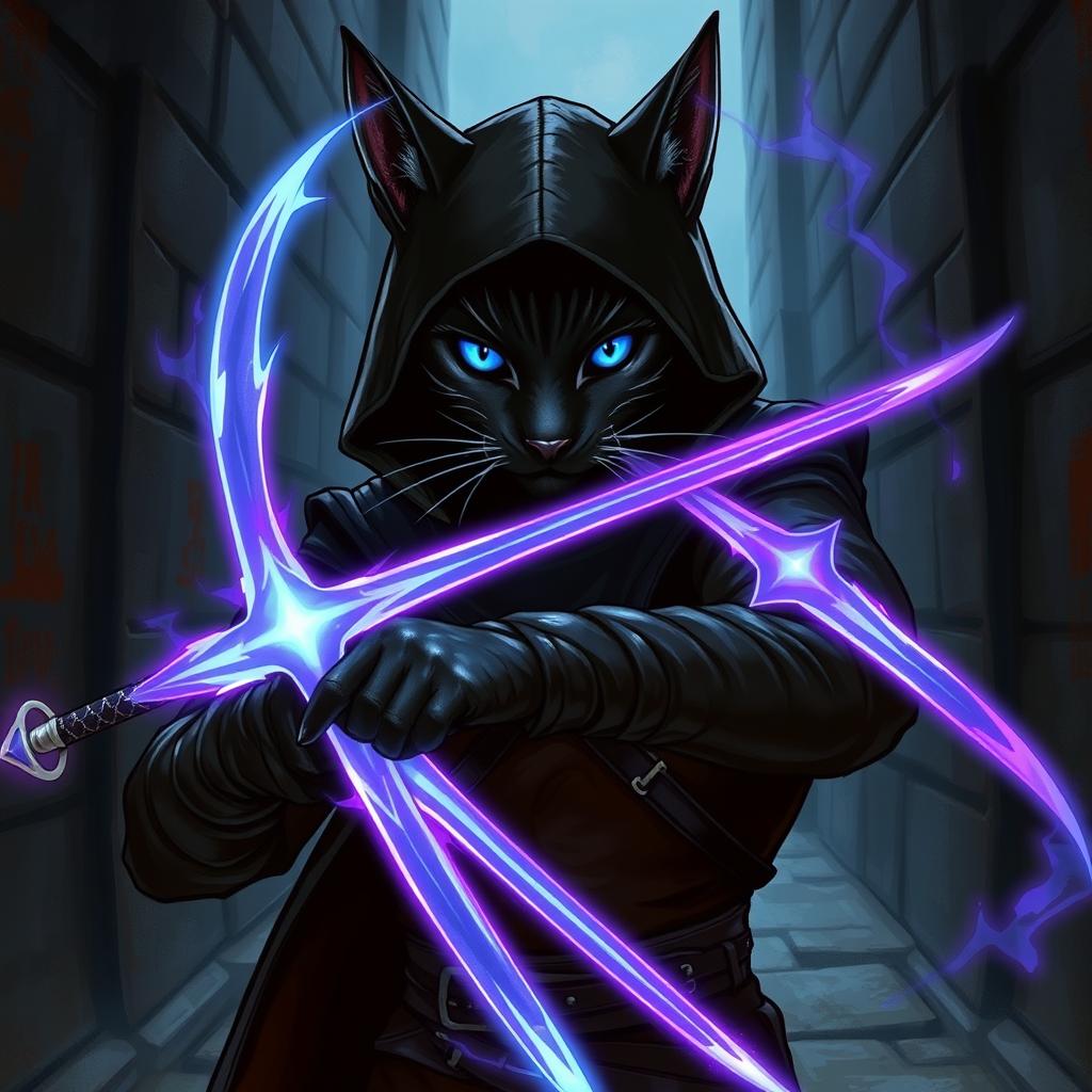 A mysterious black tabaxi with striking gray lines across his sleek fur