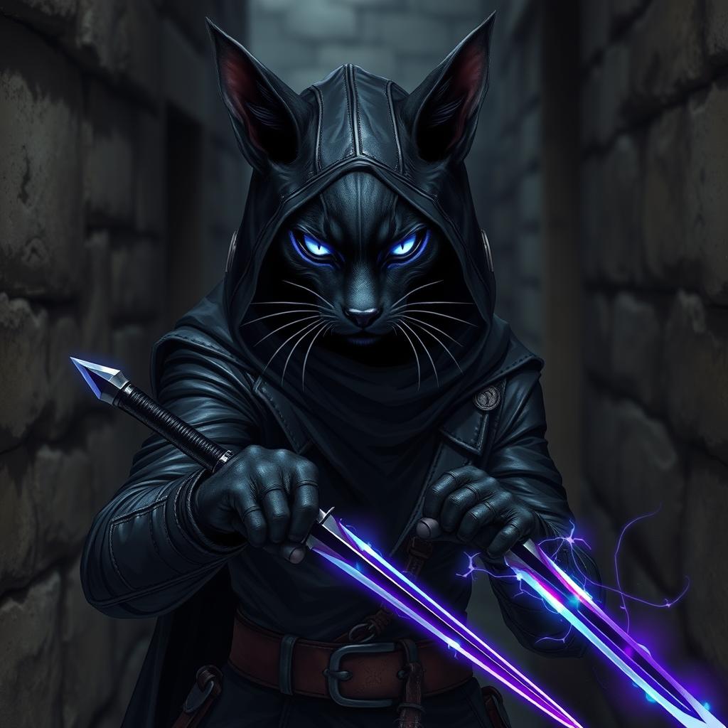 A mysterious black tabaxi with striking gray lines across his sleek fur