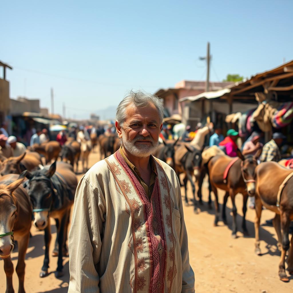 A middle-aged man in his fifties, wearing a traditional peasant kaftan, standing amidst a bustling donkey market