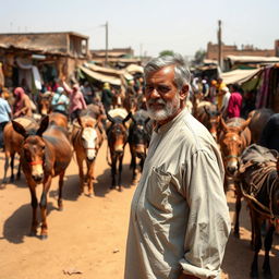 A middle-aged man in his fifties, wearing a traditional peasant kaftan, standing amidst a bustling donkey market