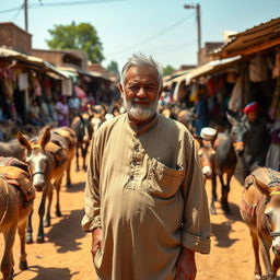 A middle-aged man in his fifties, wearing a traditional peasant kaftan, standing amidst a bustling donkey market