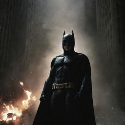 A poster of Batman: The Dark Knight Rises, enhanced with high-intensity lighting arrangements that emphasize drama and tension.