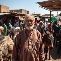 A middle-aged man in his fifties, wearing a traditional peasant kaftan, standing amidst a bustling donkey market