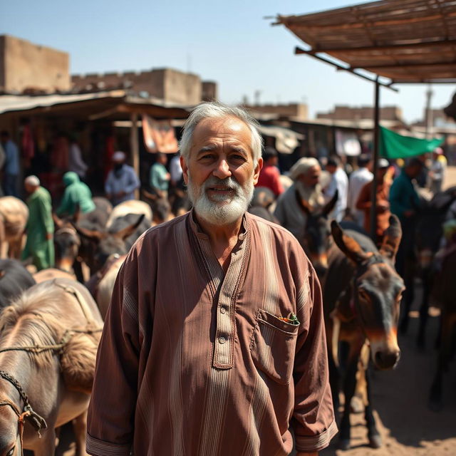 A middle-aged man in his fifties, wearing a traditional peasant kaftan, standing amidst a bustling donkey market