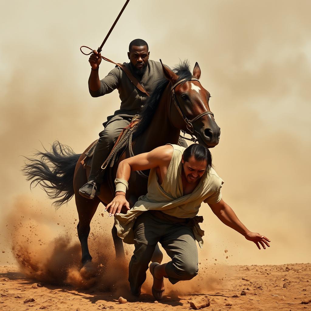 A powerful and intense scene featuring a black man riding a horse, confidently holding the reins as the horse charges forward with strength and determination