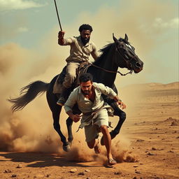 A powerful and intense scene featuring a black man riding a horse, confidently holding the reins as the horse charges forward with strength and determination