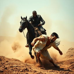 A powerful and intense scene featuring a black man riding a horse, confidently holding the reins as the horse charges forward with strength and determination