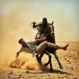 A powerful and intense scene featuring a black man riding a horse, confidently holding the reins as the horse charges forward with strength and determination