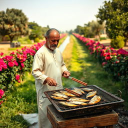 A middle-aged man in his fifties, wearing a traditional peasant kaftan, grilling fish on a rustic grill in front of a beautiful canal in the Cairo countryside