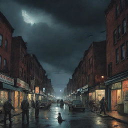 A frightening comic book cover with eerie animated creatures lurking in desolate urban setting under a stormy night sky.