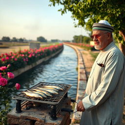 A middle-aged man in his fifties, wearing a traditional peasant kaftan, grilling fish on a rustic grill in front of a beautiful canal in the Cairo countryside