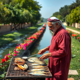 A middle-aged man in his fifties, wearing a traditional peasant kaftan, grilling fish on a rustic grill in front of a beautiful canal in the Cairo countryside